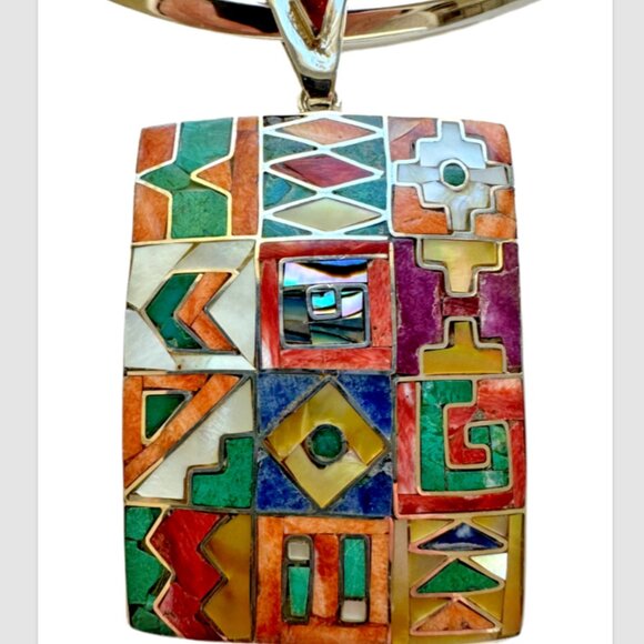 Peruvian 950 Sterling Silver Pendant | Rectangular Mosaic Inlay | Natural Stones - Picture 12 of 12